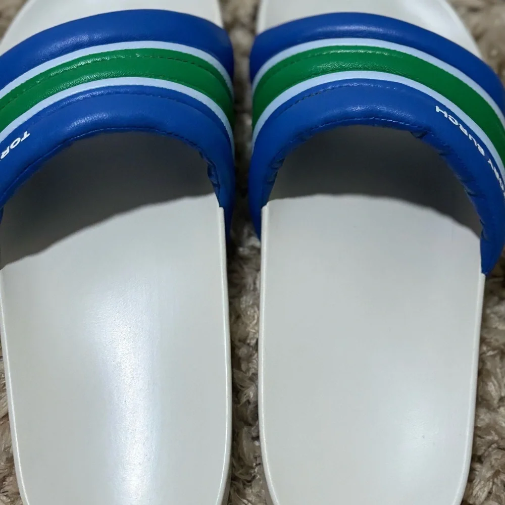 Tory Burch Blue and Green Striped Slides - Picture 10 of 11